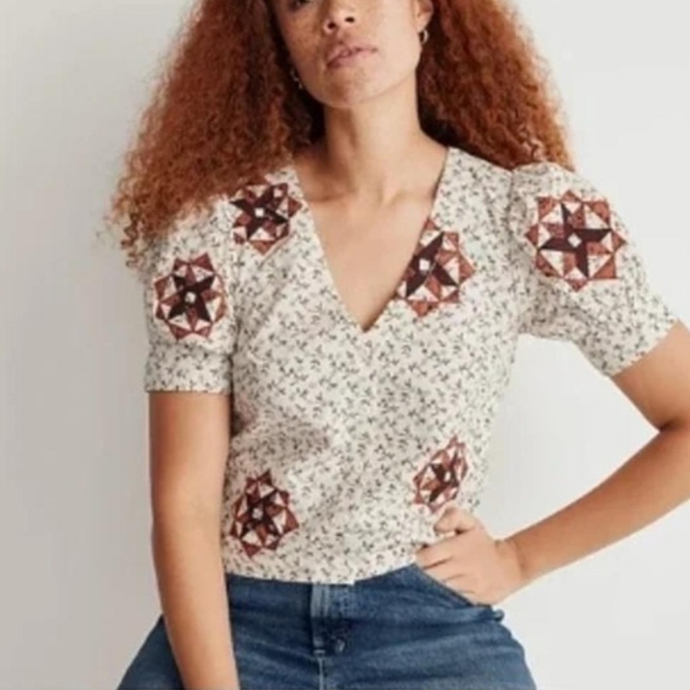 Madewell Quilted Patchwork Puff-Sleevecropped Top - image 1